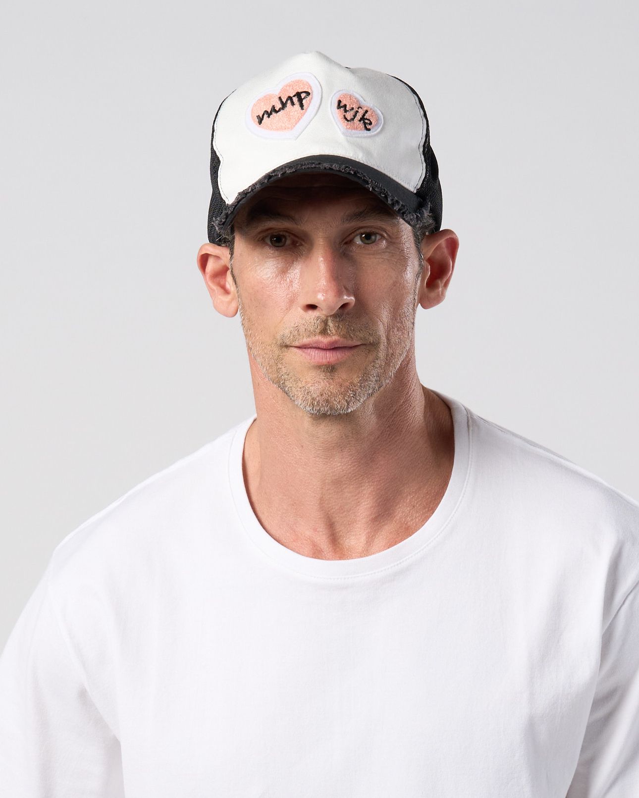 ☆先行予約☆Maison Honoré Paris× wjk  / 2ハートパッチ カットオフ メッシュキャップ / 2-heart patch cut-off mesh cap / white×pink【813 hw04k】
