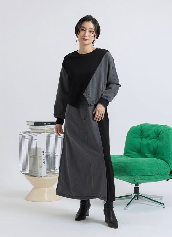 ソフトデニム x ポンチ切替 L/S ワンピース /  ブラック x ブラック  [bc609304]