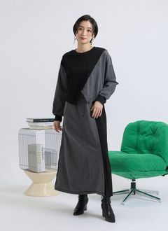 ソフトデニム x ポンチ切替 L/S ワンピース /  ブラック x ブラック  [bc609304]