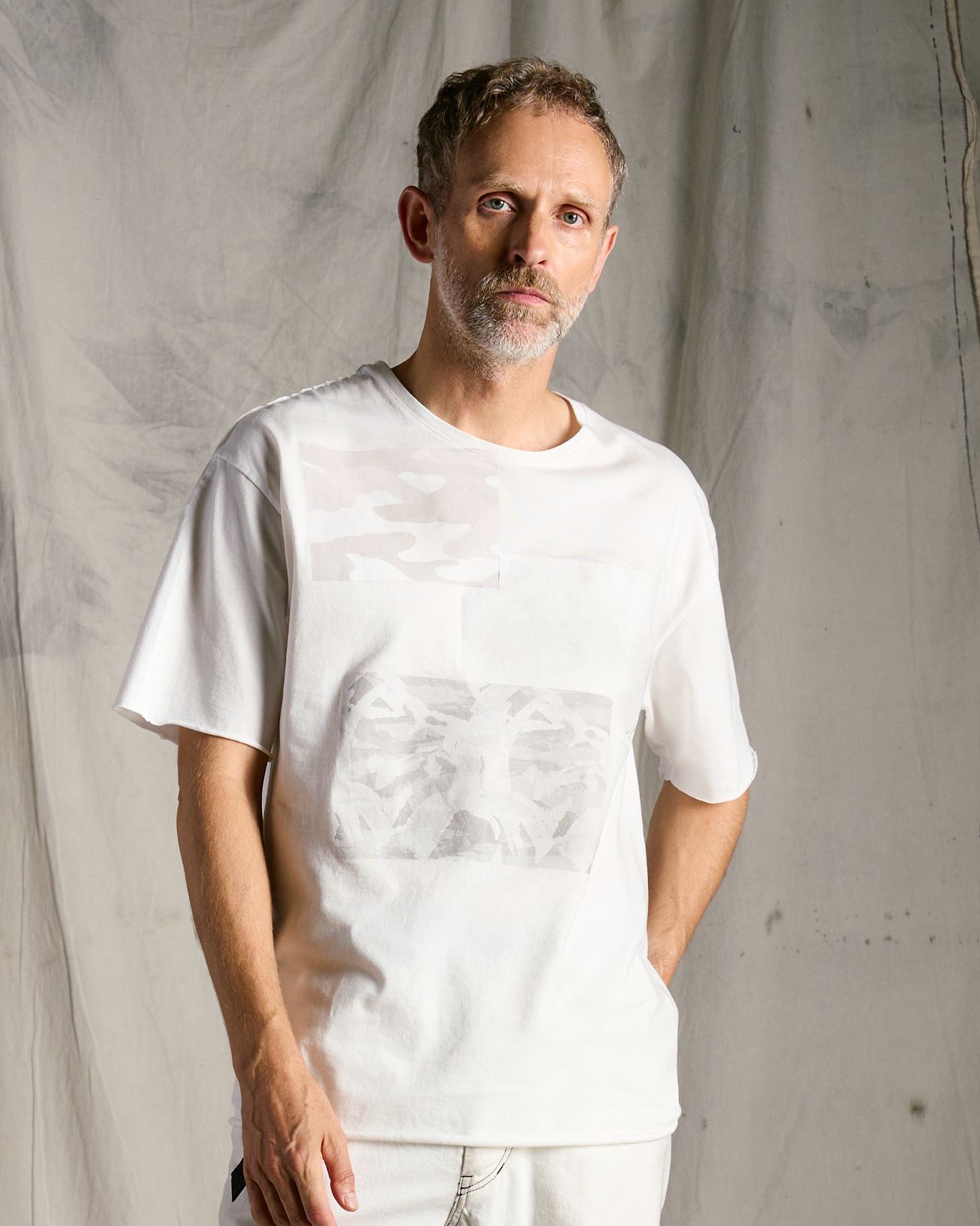 ☆先行予約☆ wjk  / ペーパープリント加工カットオフ半袖Tシャツ / paper print dust cut-off S/S / white 【7153 lj93k】