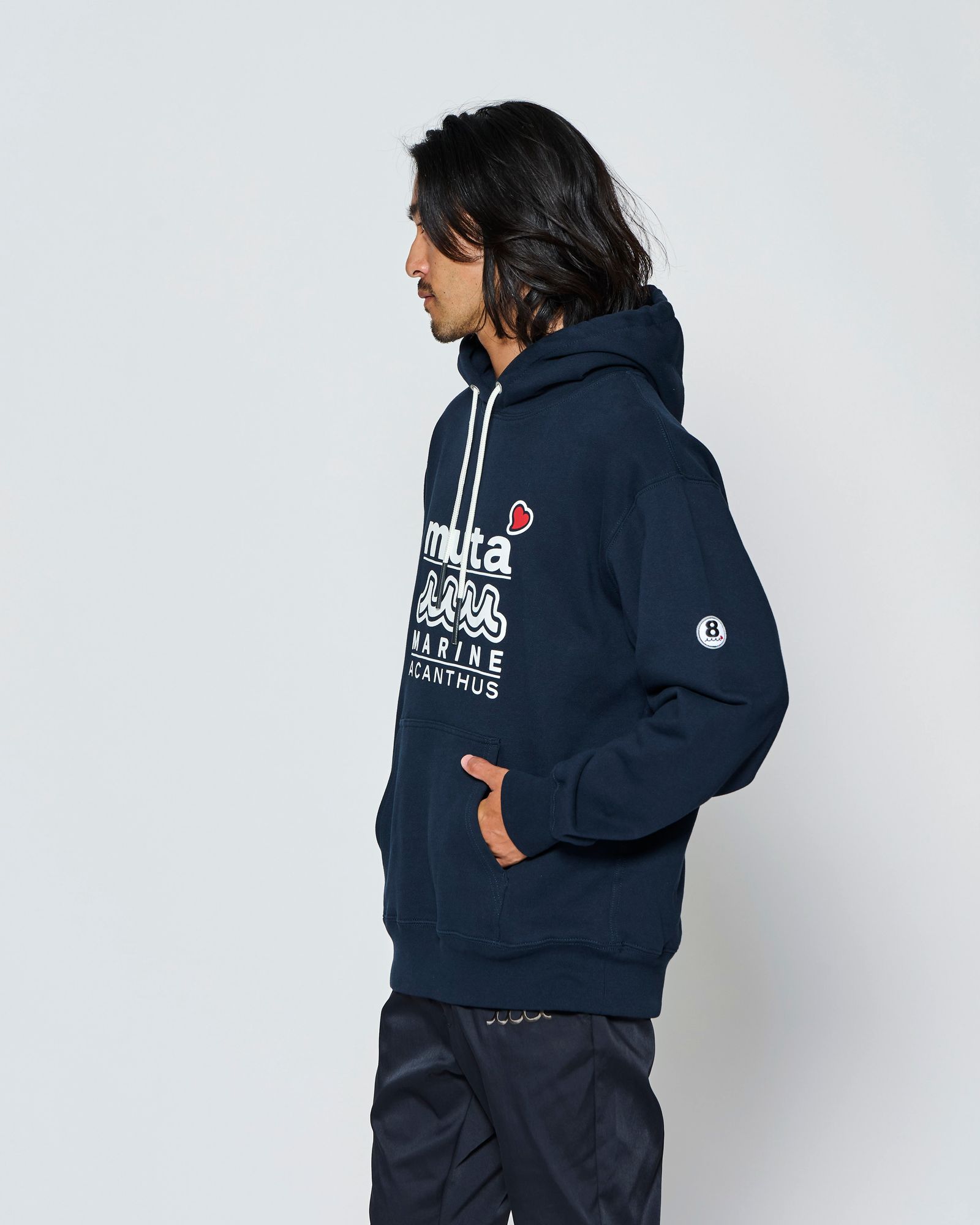 ☆先行予約☆muta MARINE × ACANTHUS  / Wネームロゴフーディー / プルオーバーパーカー /  W-name logo hoodie / NAVY【MA2726】