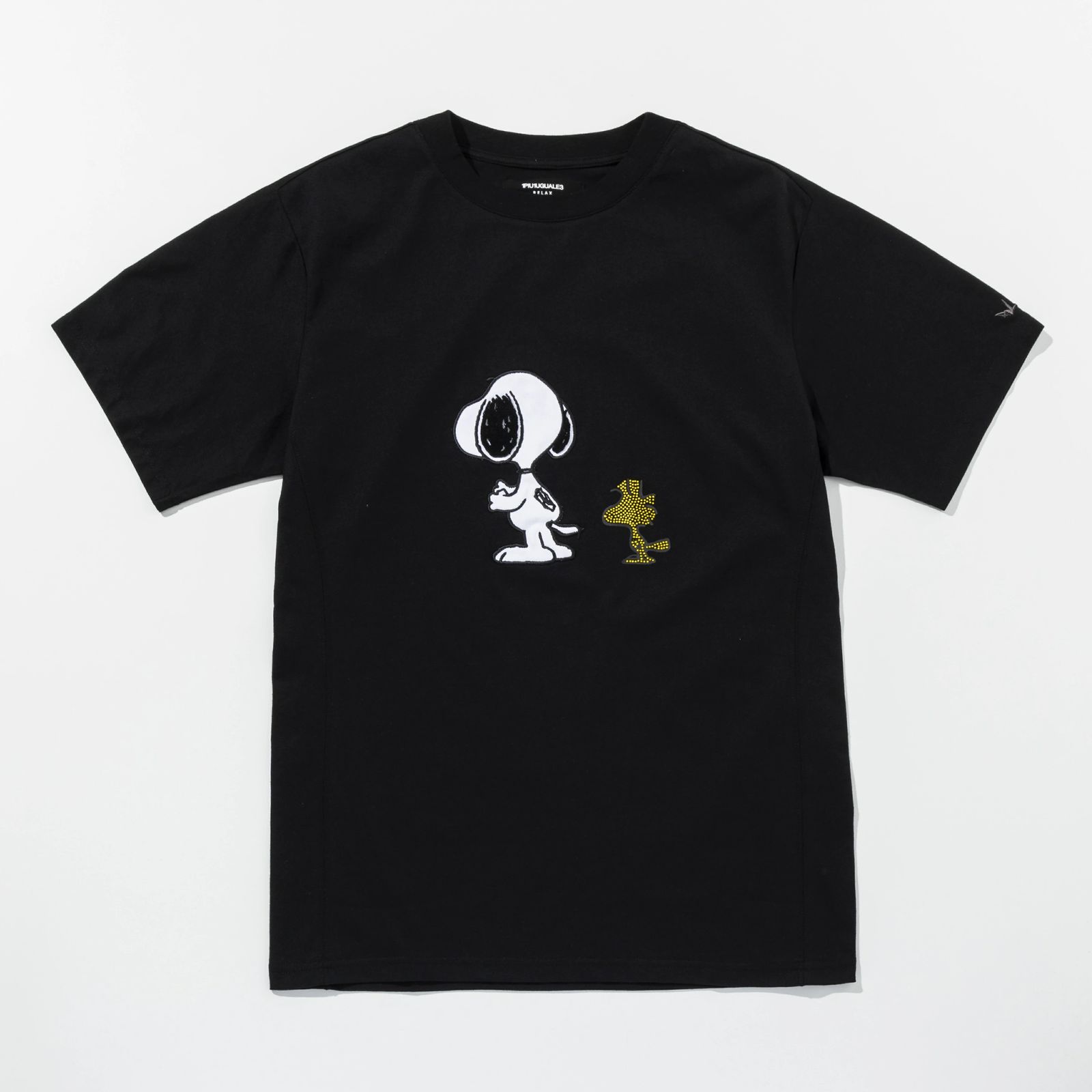 1PIU1UGUALE3 RELAX × PEANUTS / スヌーピー ラインストーン半袖Tシャツ / ブラック【UST-26056】