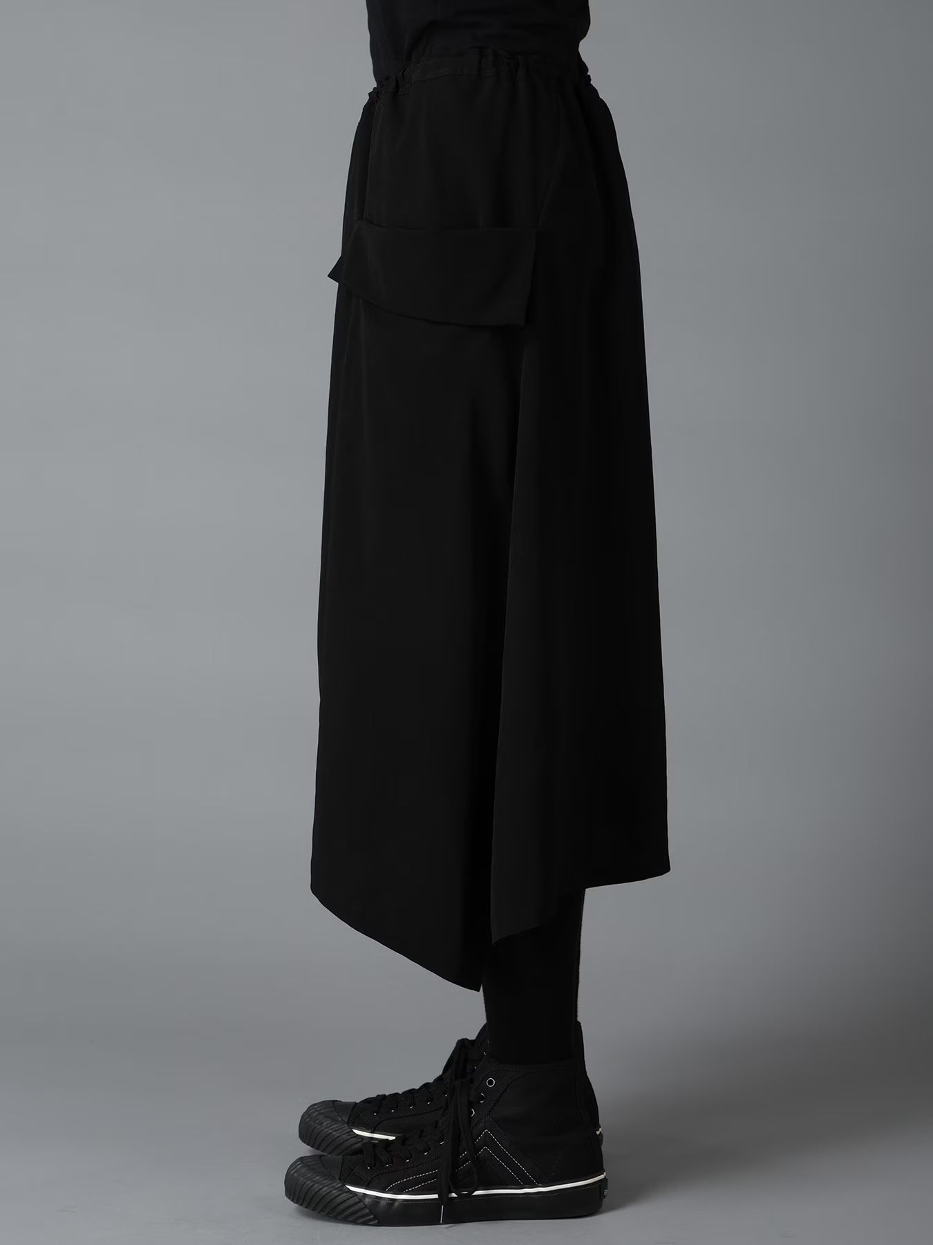 CREPE de CHINE LEFT DROP GATHER SKIRT / BLACK  [GW-S02-500-1]