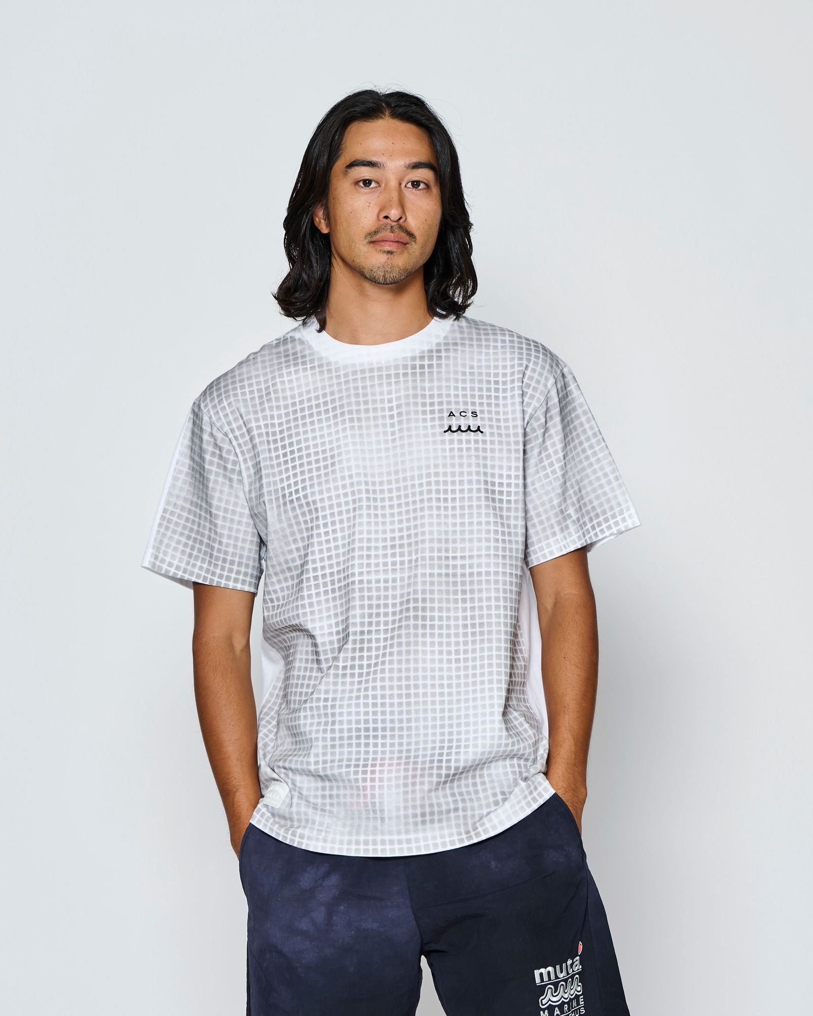 ☆先行予約☆muta MARINE × ACANTHUS  / グリッド柄プリントTシャツ /  Grid Print Tee / WHITE【MA2718】