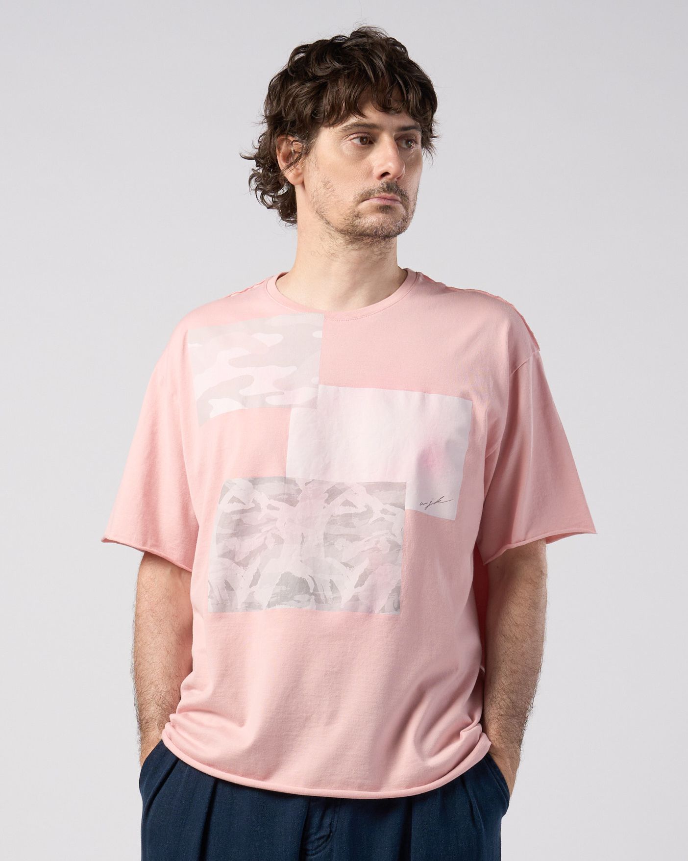 ☆先行予約☆ wjk  / ペーパープリント加工カットオフ半袖Tシャツ / paper print dust cut-off S/S / pink 【7153 lj93k】