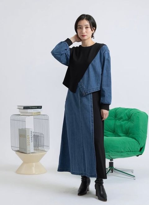 ソフトデニム x ポンチ切替 L/S ワンピース /  ブルー x ブラック  [bc609304]