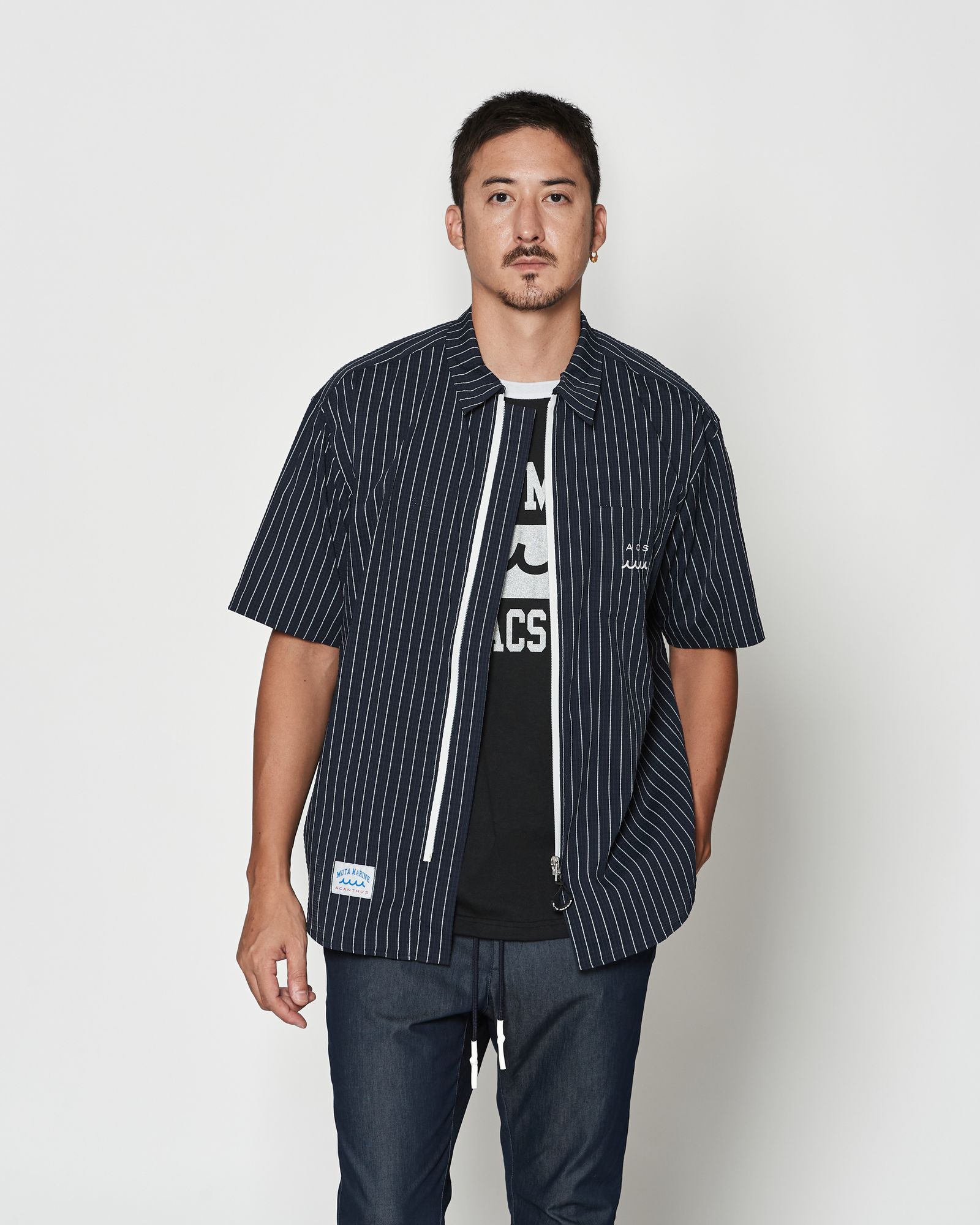 ☆先行予約☆muta MARINE × ACANTHUS  /Dot Air®ジップアップショートスリーブシャツ / Dot Air® Zip Up S/S Shirt / WHITE STRIPE【MA2604】