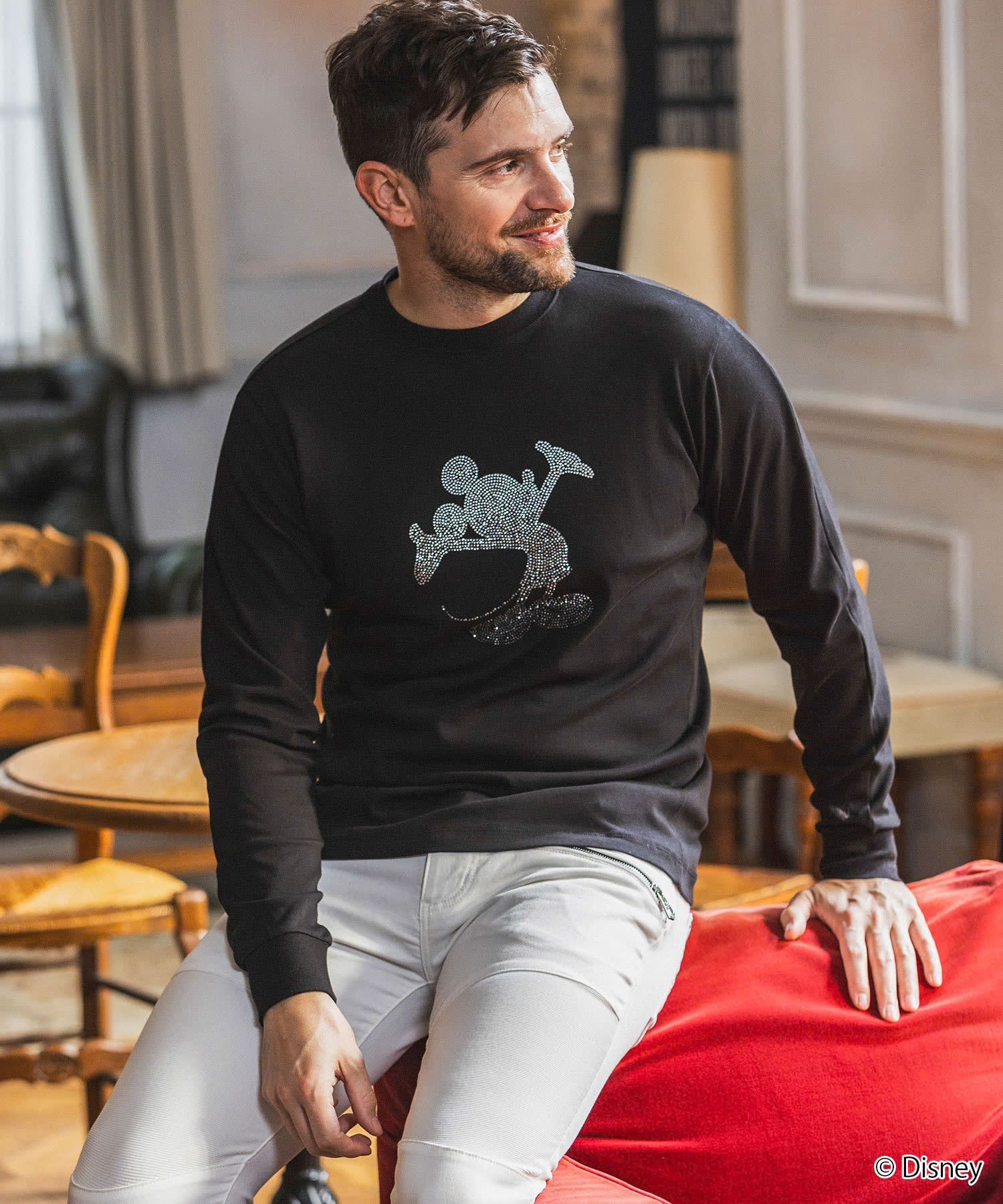 【ミッキーマウス】ラインストーンシルエットロングTシャツ / ブラック【UST-26092】