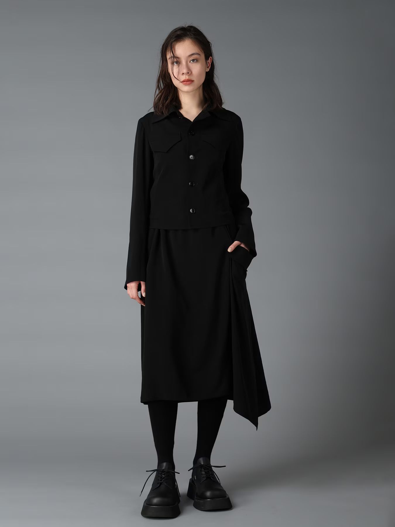 CREPE de CHINE LEFT DROP GATHER SKIRT / BLACK  [GW-S02-500-1]