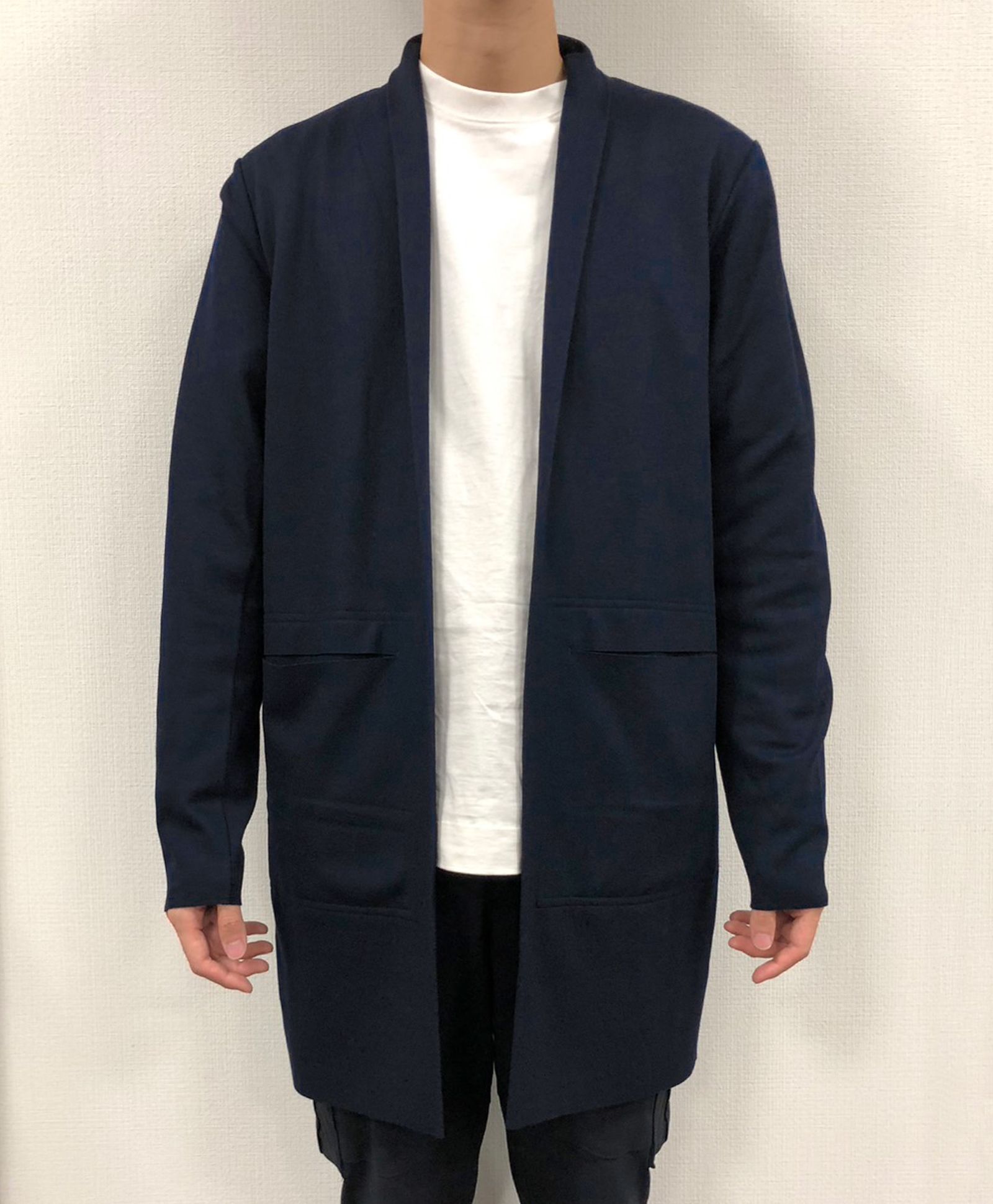 ウールジャージ ボタンレス ショールカラー ロングカーディガン NAVY / INT-026