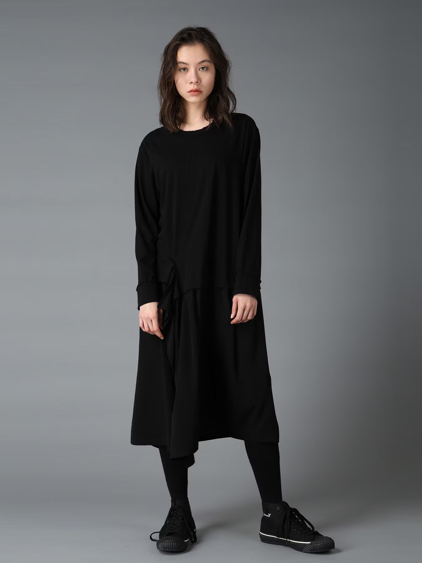 SILICON JERSEY+CREPE de CHINE PANEL LONG DRESS / BLACK  [GW-D04-801-1]