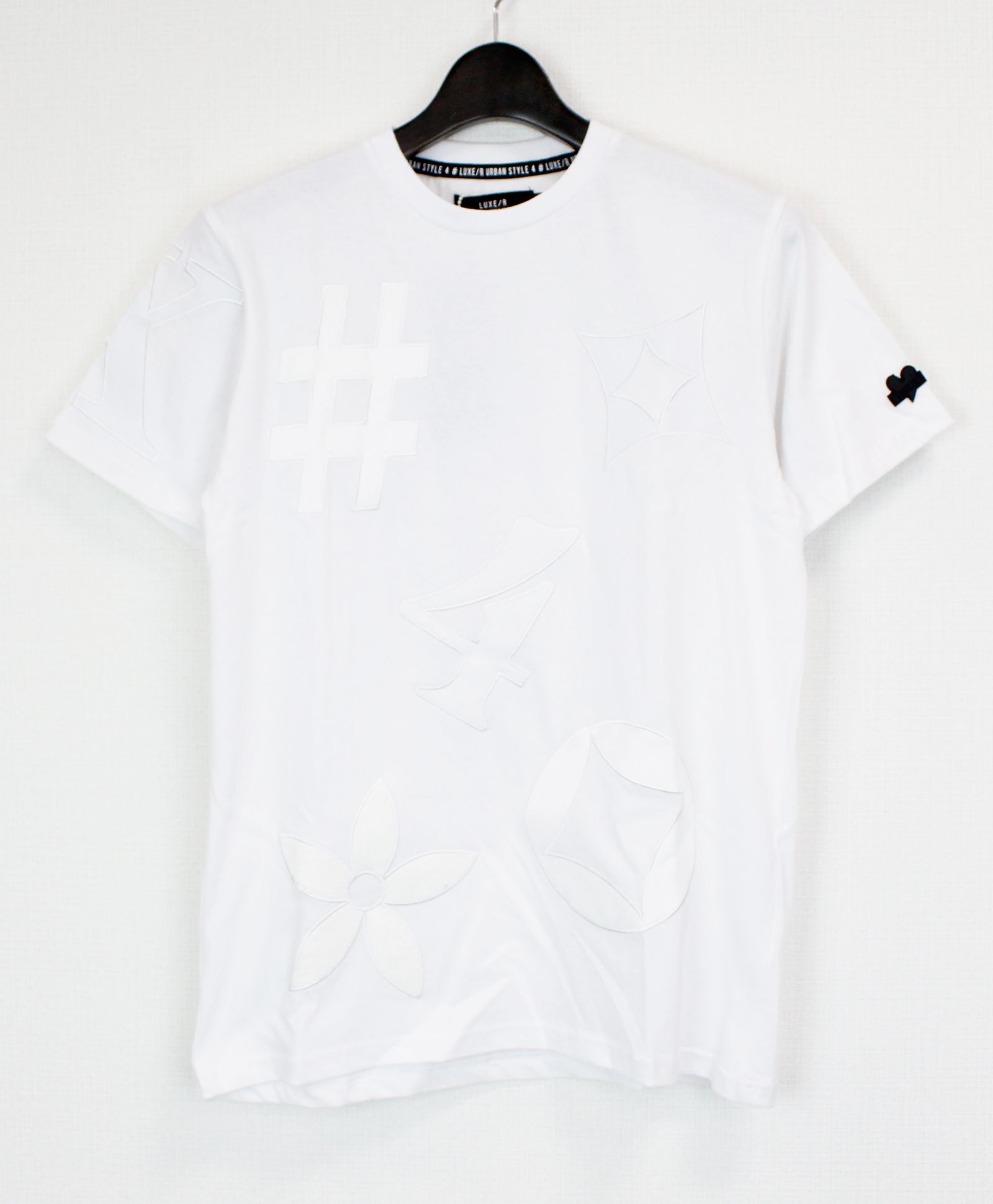 異素材ワッペン 総柄クルーネック半袖Tシャツ WHITE - M