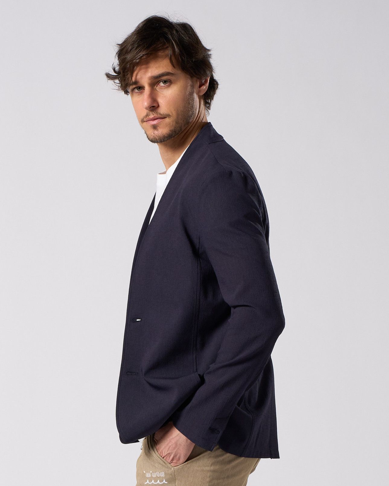 ☆先行予約☆ ノーカラー シングルジャケット /  solid collar single jacket / NAVY [2090 pe51i]