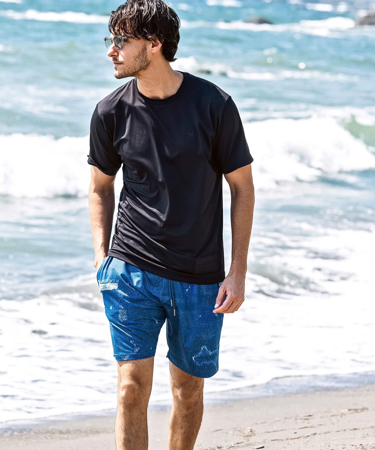 ダメージデニムラッシュガードショーツ / インディゴ【USB-26043】