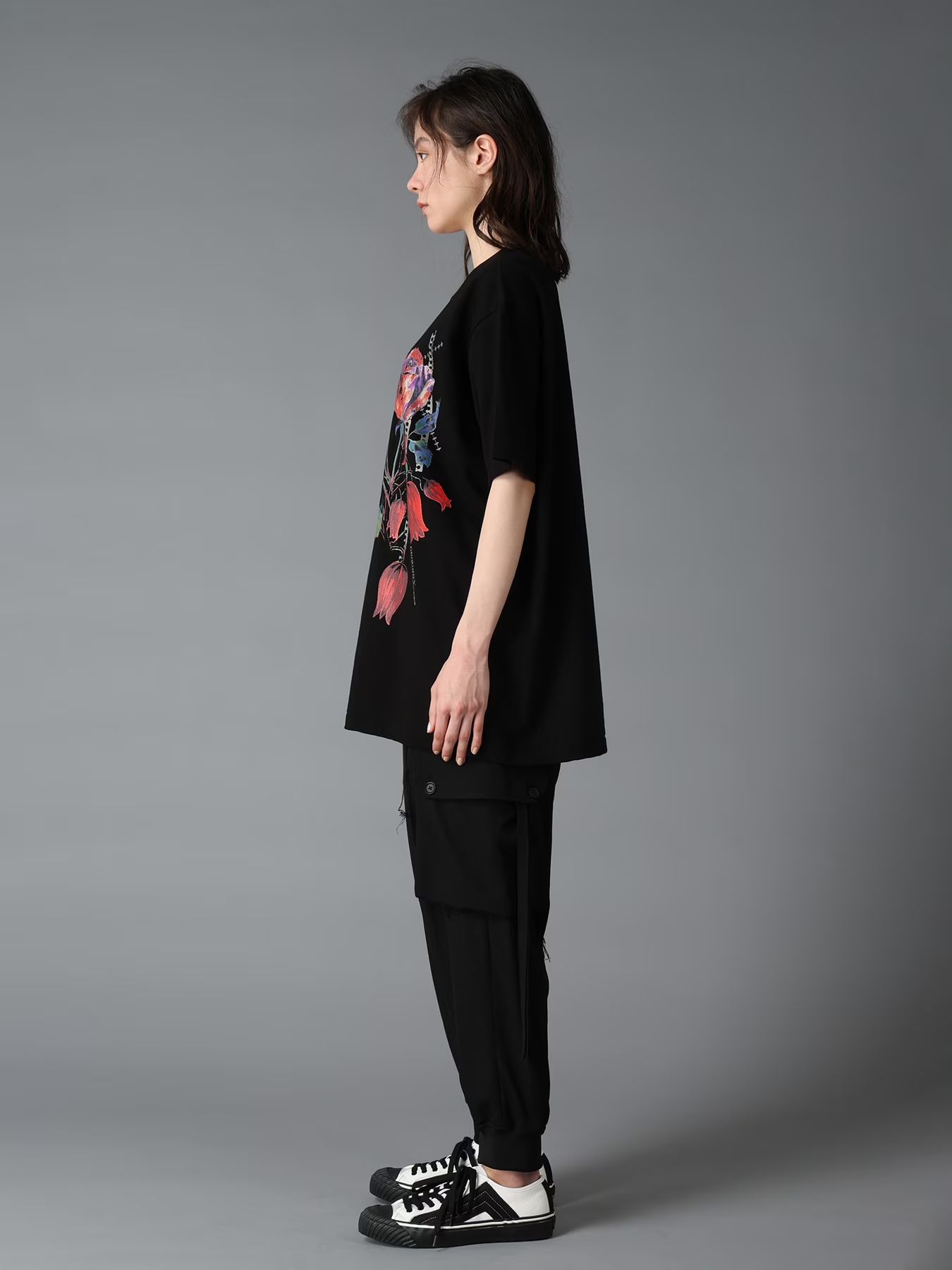 JERSEY ROSE AND TULIP T-SHIRT / BLACK  [GW-T80-070-2]