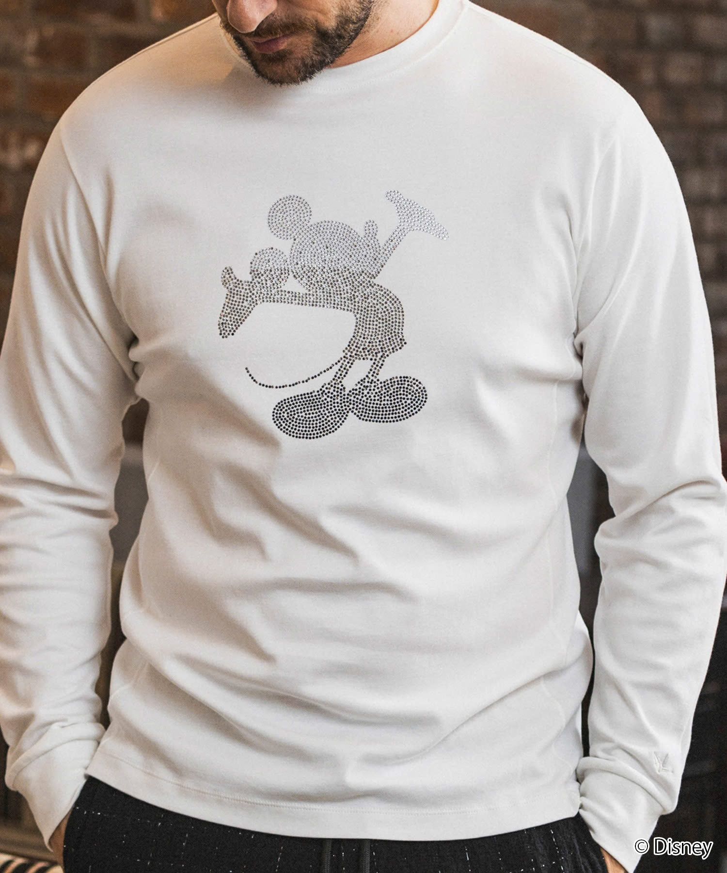 【ミッキーマウス】ラインストーンシルエットロングTシャツ / ホワイト【UST-26092】