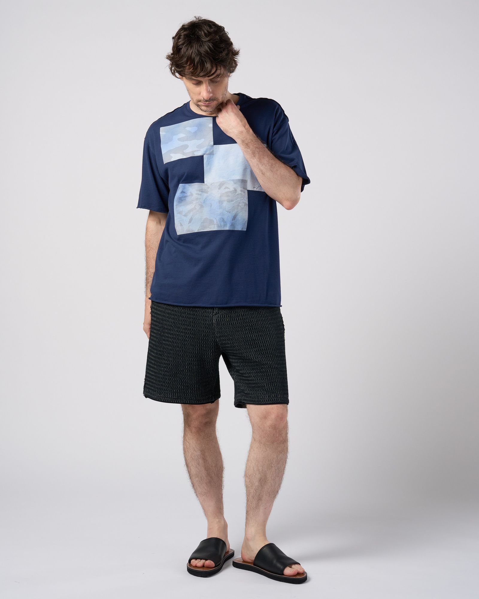☆先行予約☆ wjk  / ペーパープリント加工カットオフ半袖Tシャツ / paper print dust cut-off S/S / navy 【7153 lj93k】