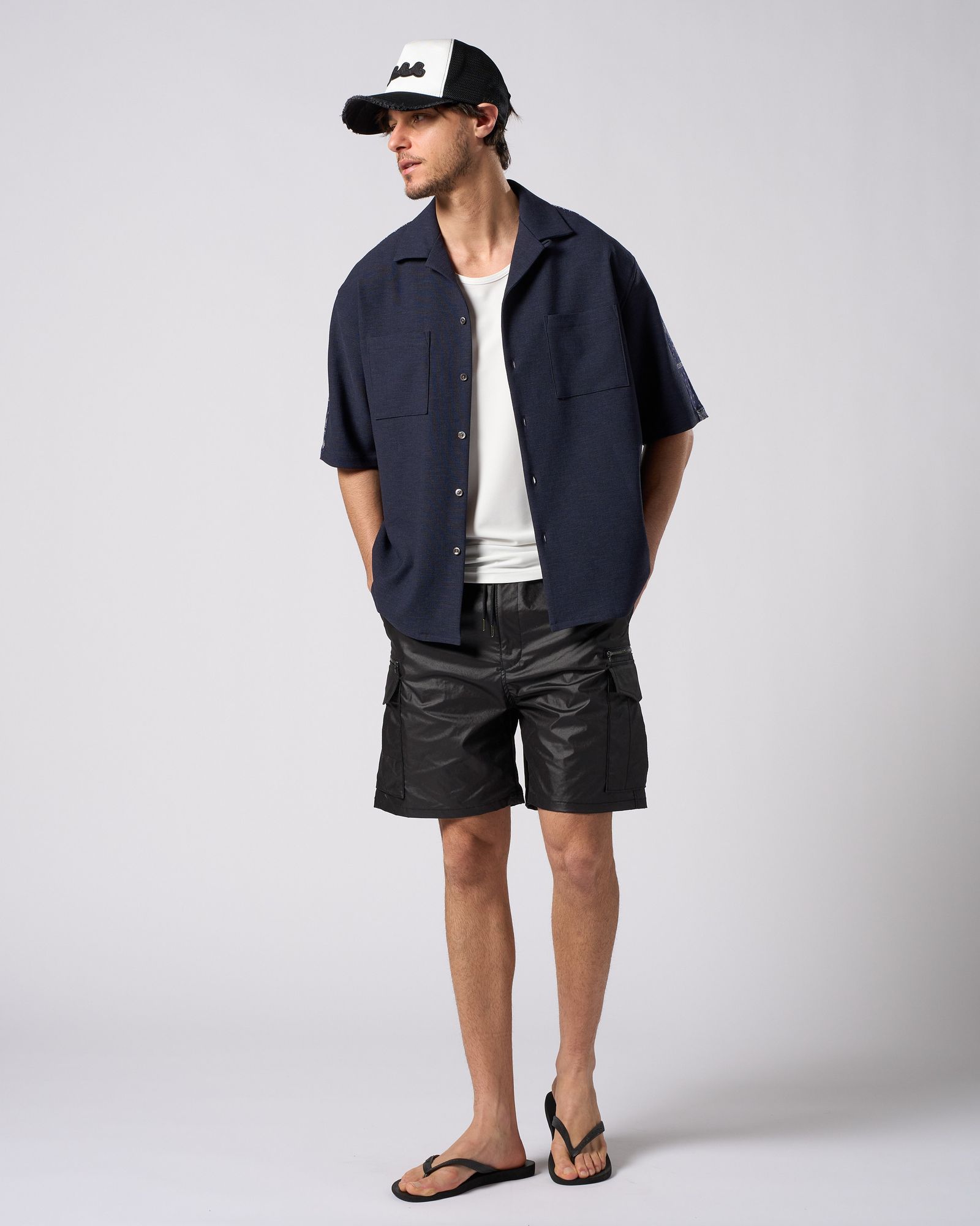 ☆先行予約☆ バンダナプリントパネルオープンカラーシャツ /  bandana print panel open shirt / NAVY [4401 pe48i]