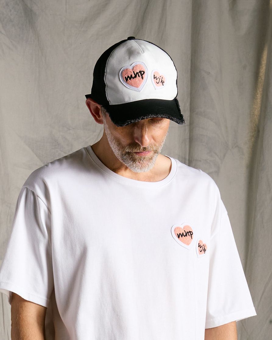 ☆先行予約☆Maison Honoré Paris× wjk  / 2ハートパッチ カットオフ メッシュキャップ / 2-heart patch cut-off mesh cap / white×pink【813 hw04k】
