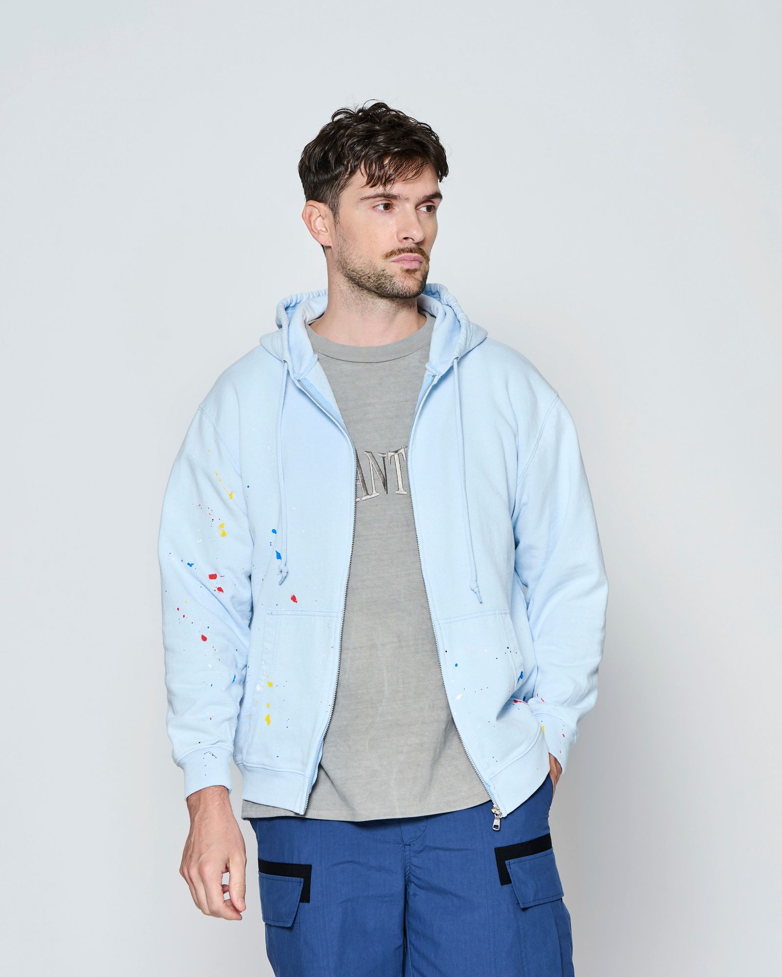 ☆先行予約☆ ヴィンテージ スプラッシュ ジップアップ パーカー  /  Vintage Wash Splash Zip-up Hooded Sweatshirt / SAX 【HJ2701】