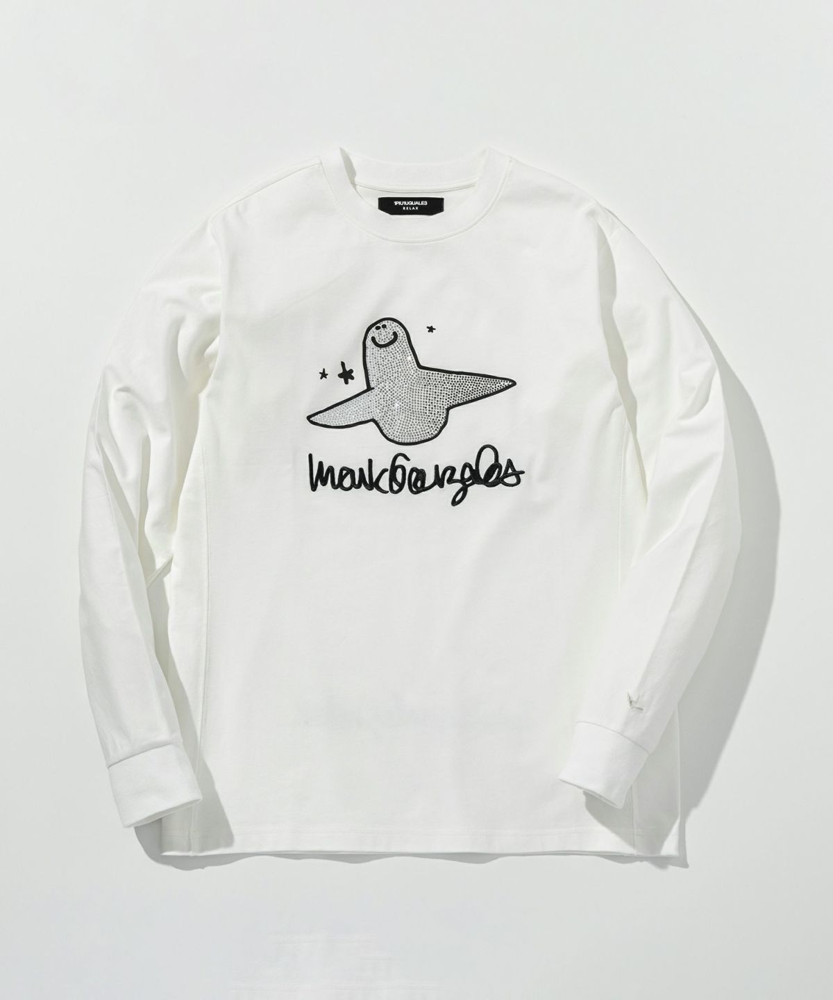 1PIU1UGUALE3 RELAX × Mark Gonzales / グラデーションラインストーンロングTシャツ / ホワイト【UST-26016】