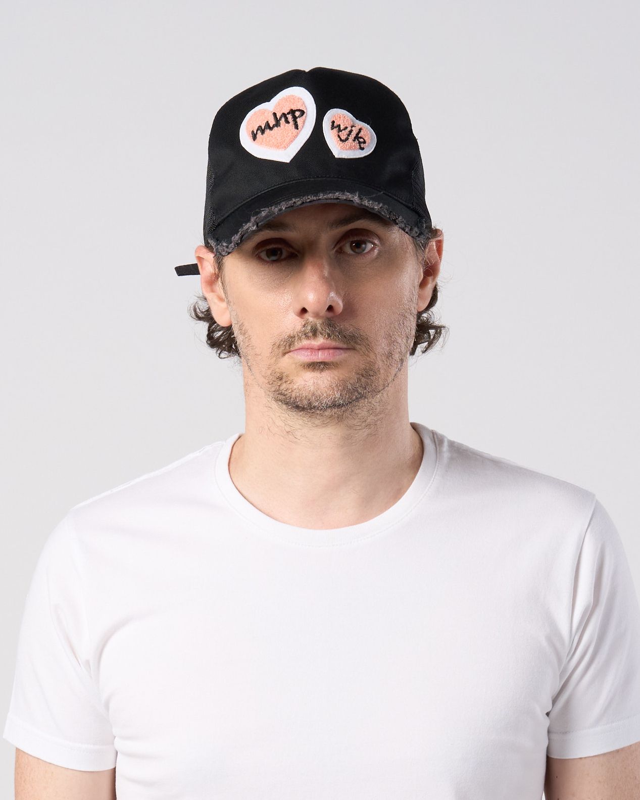☆先行予約☆Maison Honoré Paris× wjk  / 2ハートパッチ カットオフ メッシュキャップ / 2-heart patch cut-off mesh cap / black×pink 【813 hw04k】