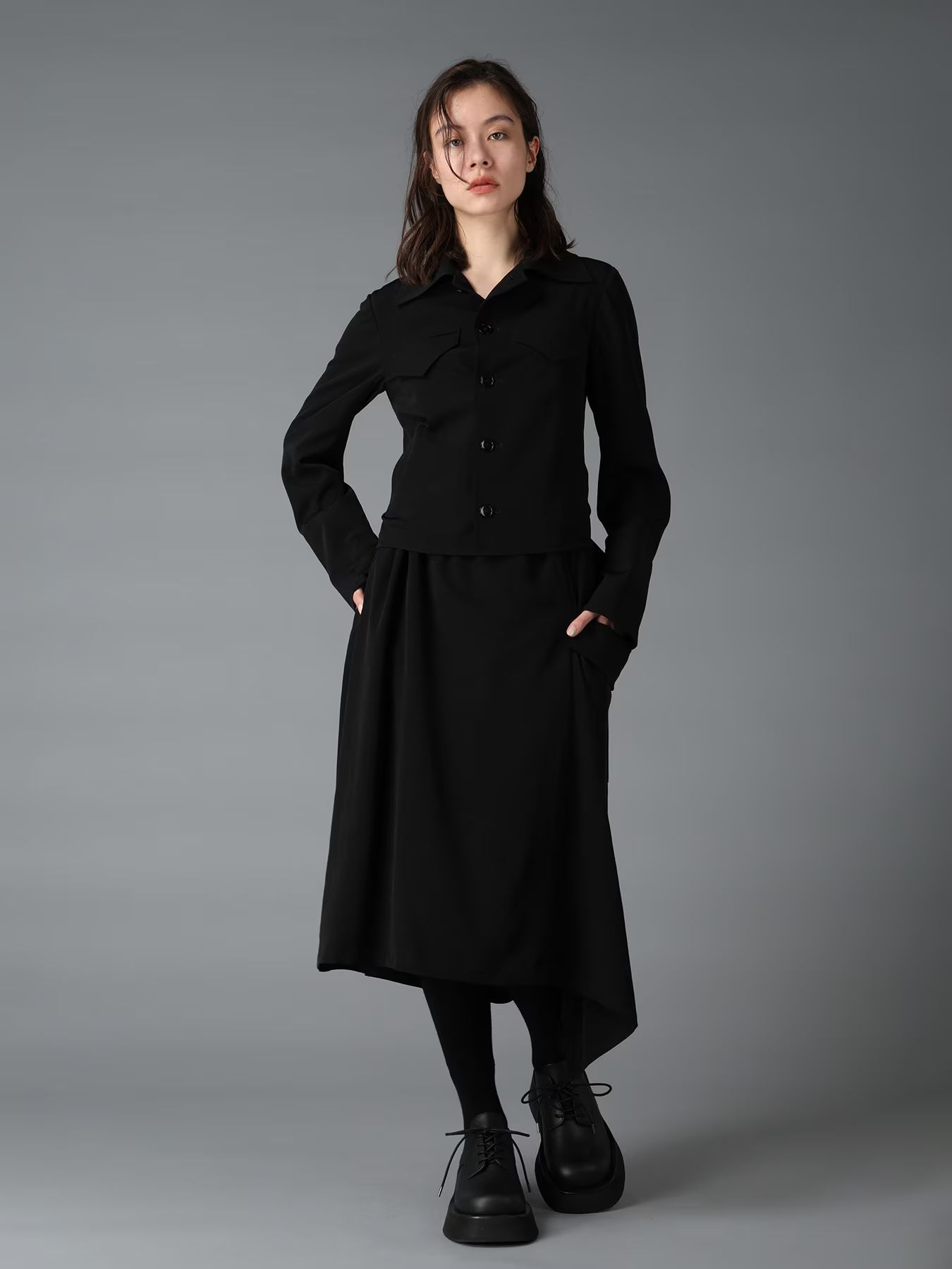 CREPE de CHINE LEFT DROP GATHER SKIRT / BLACK  [GW-S02-500-1]