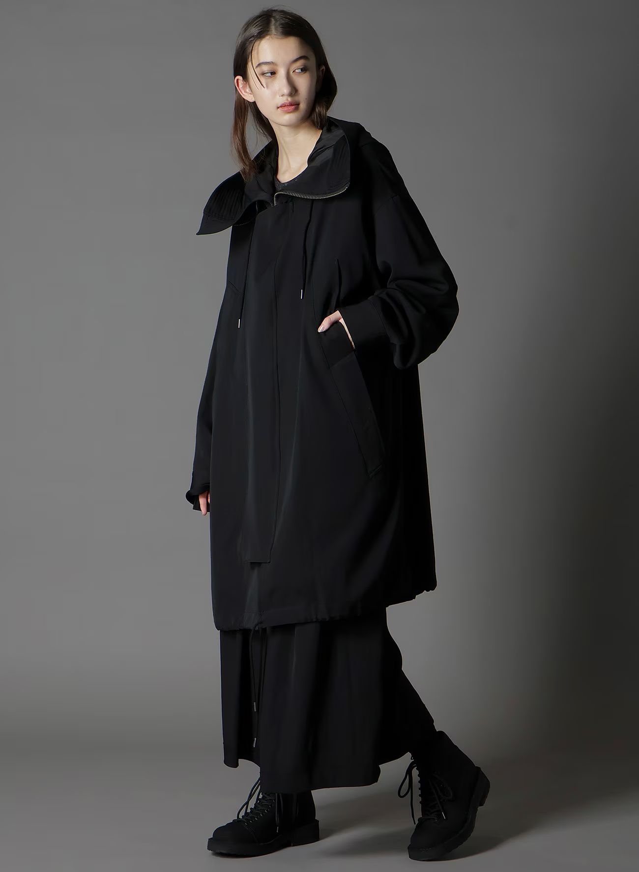 W/GABARDINE HIGH NECK HOODED MODS COAT / BLACK  [GA-C10-101-1]