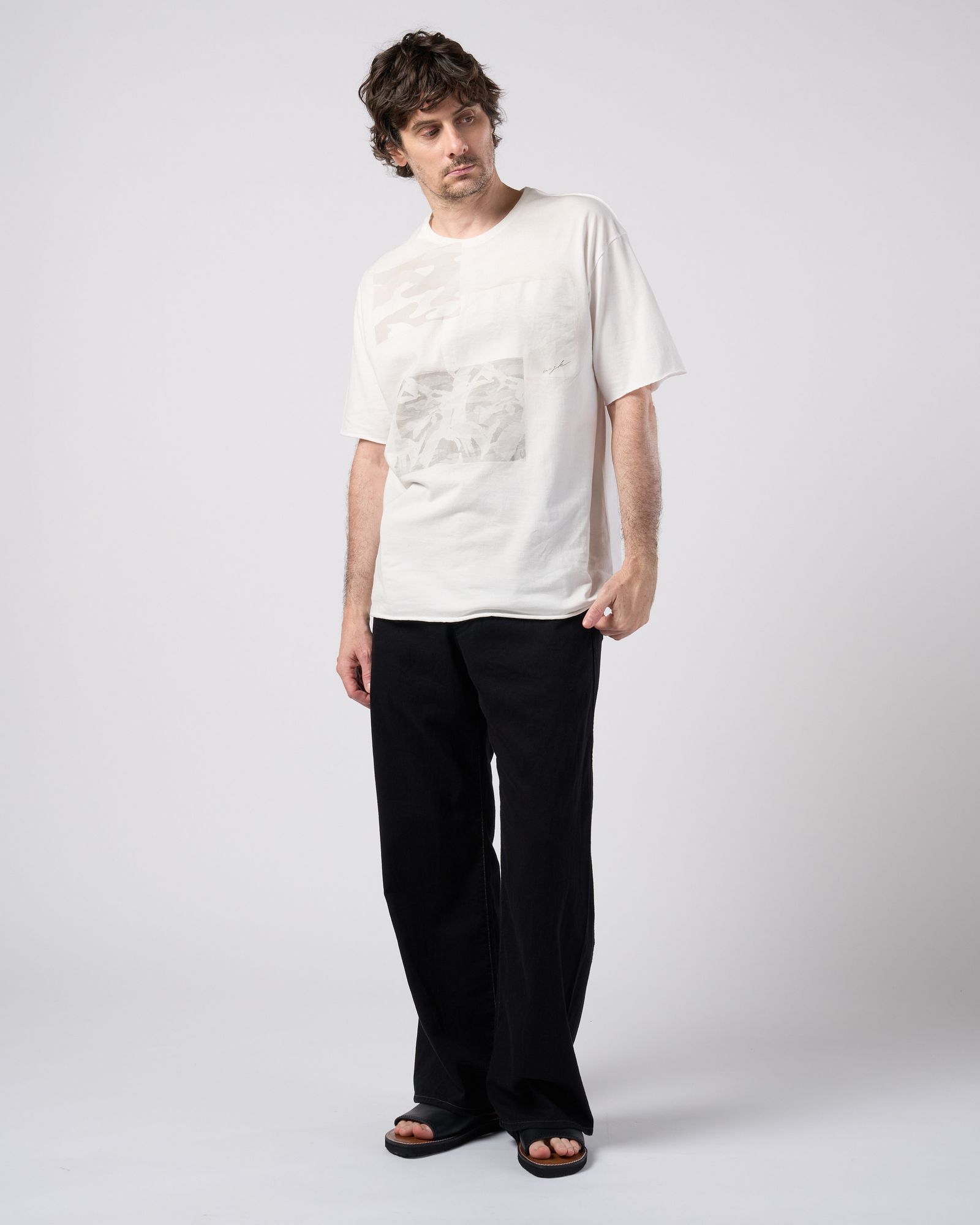 ☆先行予約☆ wjk  / ペーパープリント加工カットオフ半袖Tシャツ / paper print dust cut-off S/S / white 【7153 lj93k】