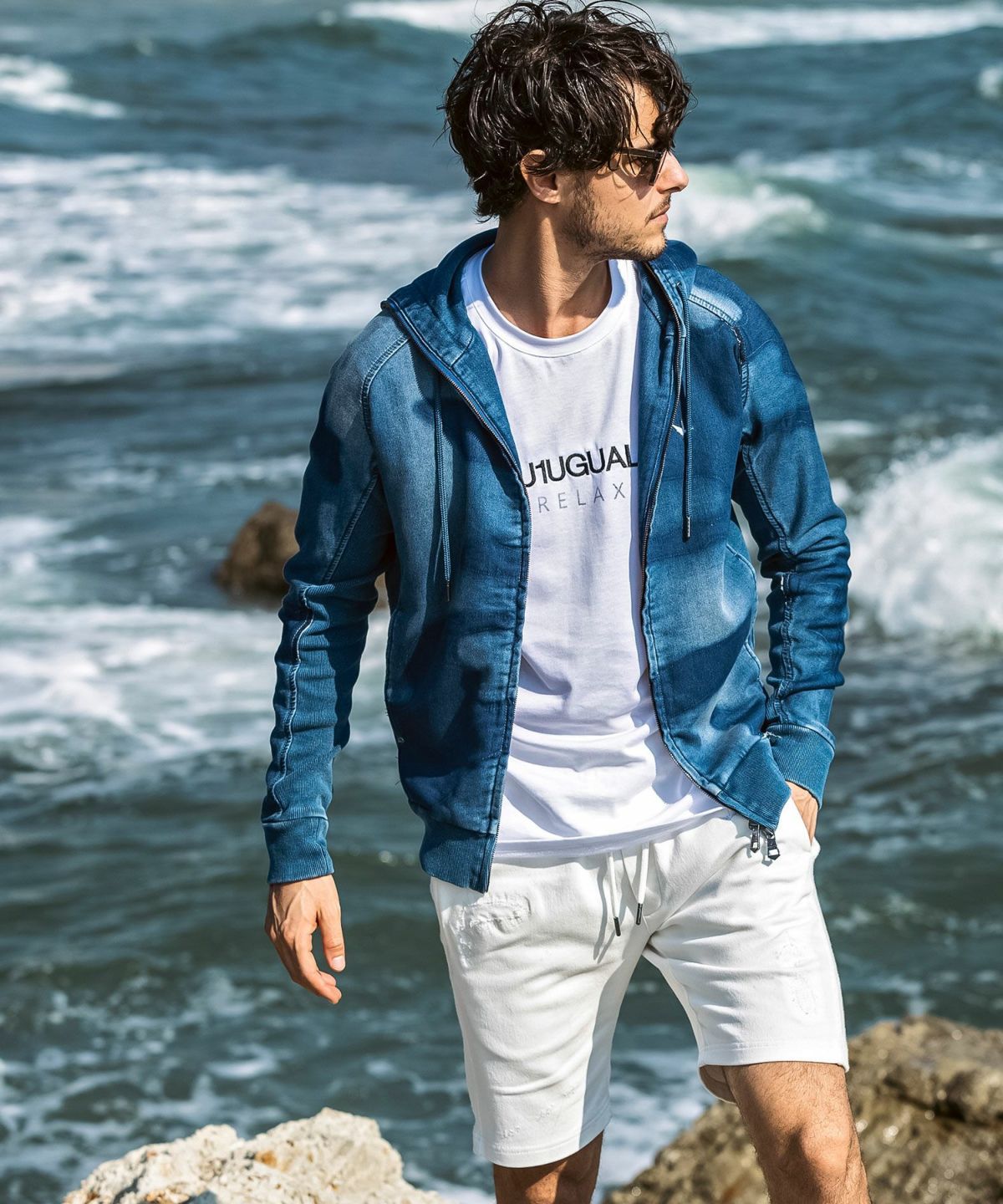 カモ柄ジョグデニムパーカー / インディゴ【USO-26060】