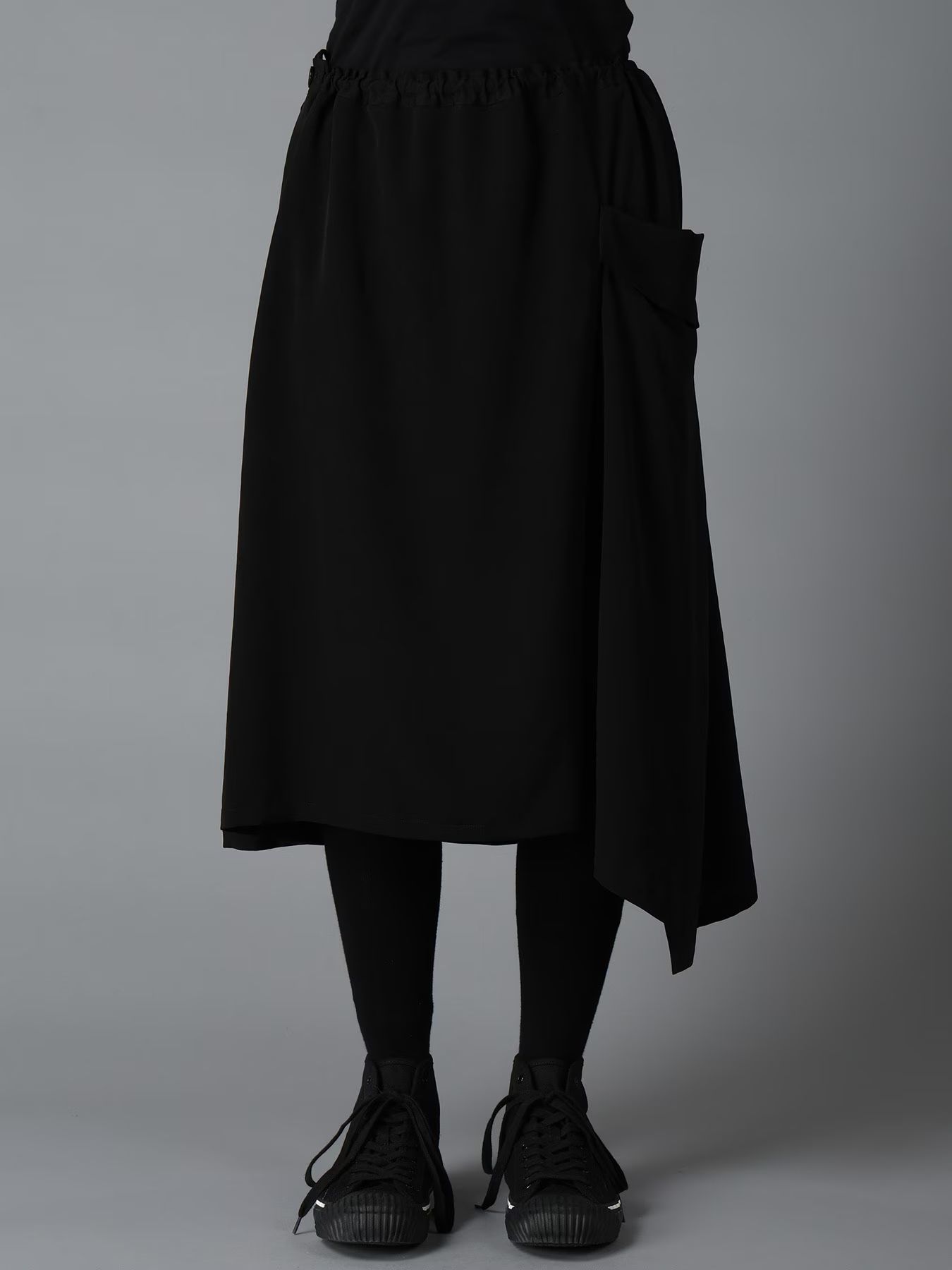 CREPE de CHINE LEFT DROP GATHER SKIRT / BLACK  [GW-S02-500-1]