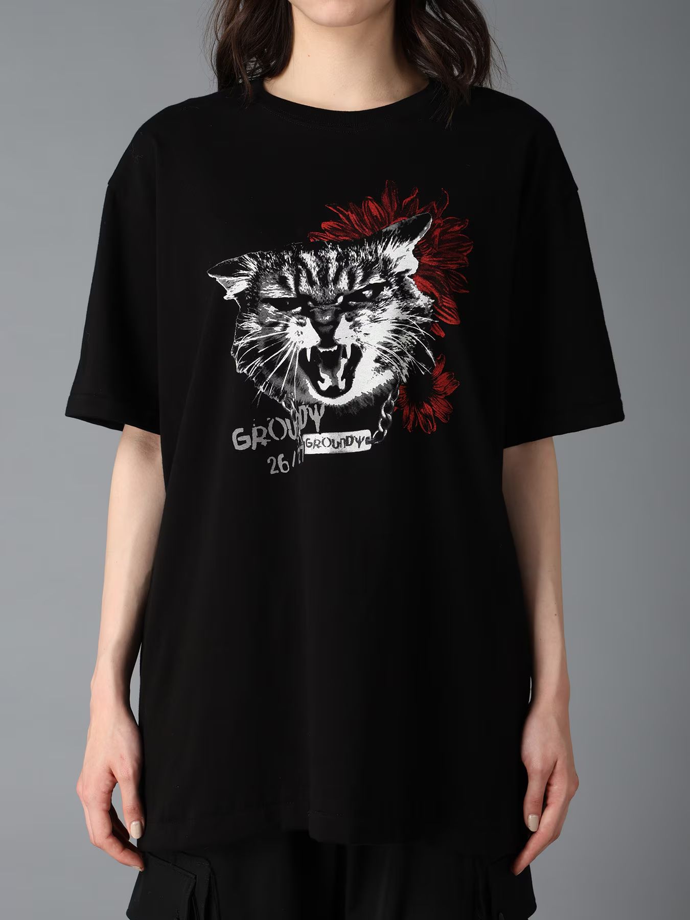 JERSEY CAT AND RED SUNFLOWER T-SHIRT / BLACK [GW-T77-070-2]