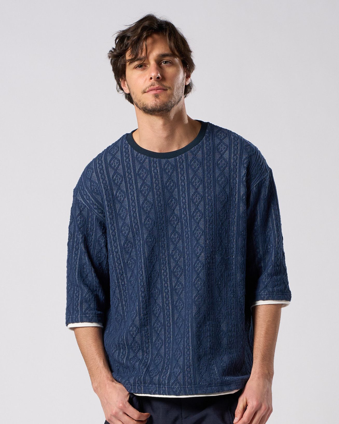 ☆先行予約☆ ジャガードサマーニット ハーフスリーブ /  jacquard summer knit H/S / NAVY[7401 kc01i]