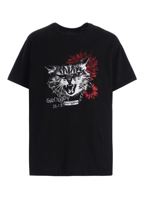 JERSEY CAT AND RED SUNFLOWER T-SHIRT / BLACK [GW-T77-070-2]
