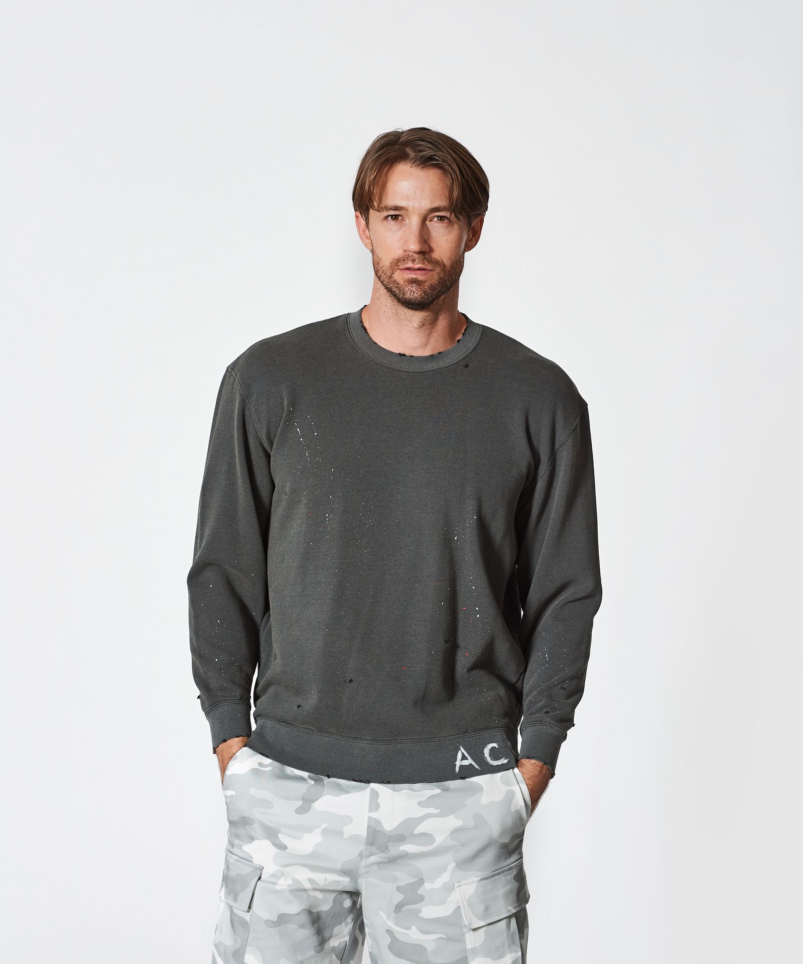 Damage Washed Hand Paint Logo Crewneck / プルオーバースウェット / BLACK【HJ2502】