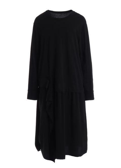 SILICON JERSEY+CREPE de CHINE PANEL LONG DRESS / BLACK  [GW-D04-801-1]