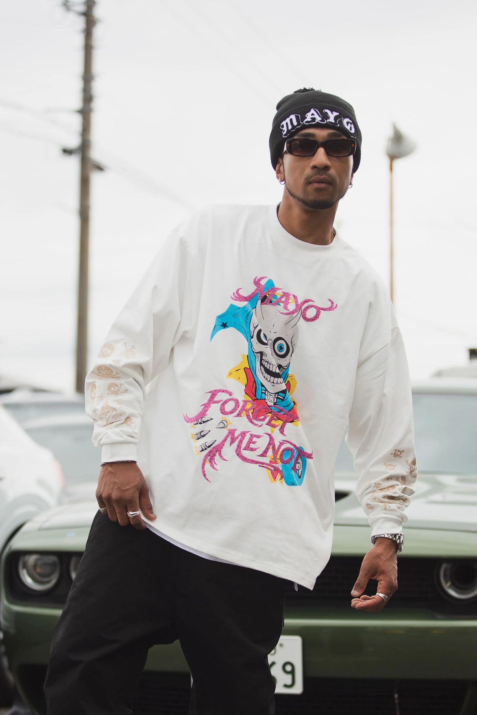 スカル プリント・刺繍ロンT / BELIEVE REINCARNATION EMBROIDERY LONG SLEEVE TEE  / ホワイト [26MY-SLT003]