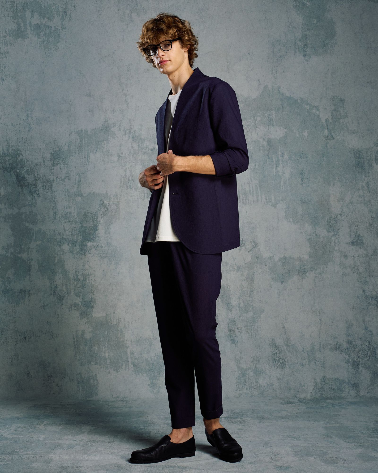 ☆先行予約☆ ノーカラー シングルジャケット /  solid collar single jacket / NAVY [2090 pe51i]