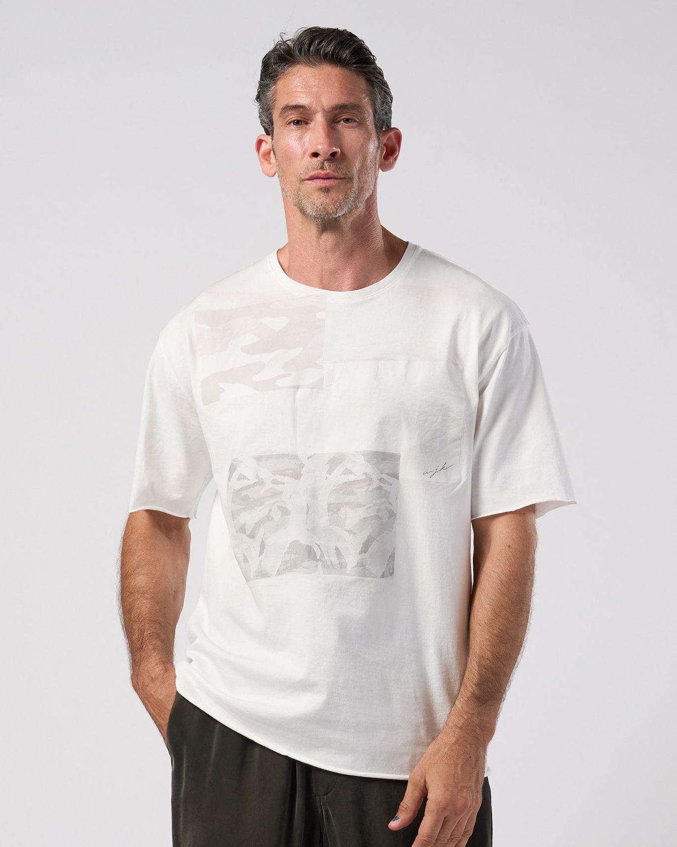 ☆先行予約☆ wjk  / ペーパープリント加工カットオフ半袖Tシャツ / paper print dust cut-off S/S / white 【7153 lj93k】