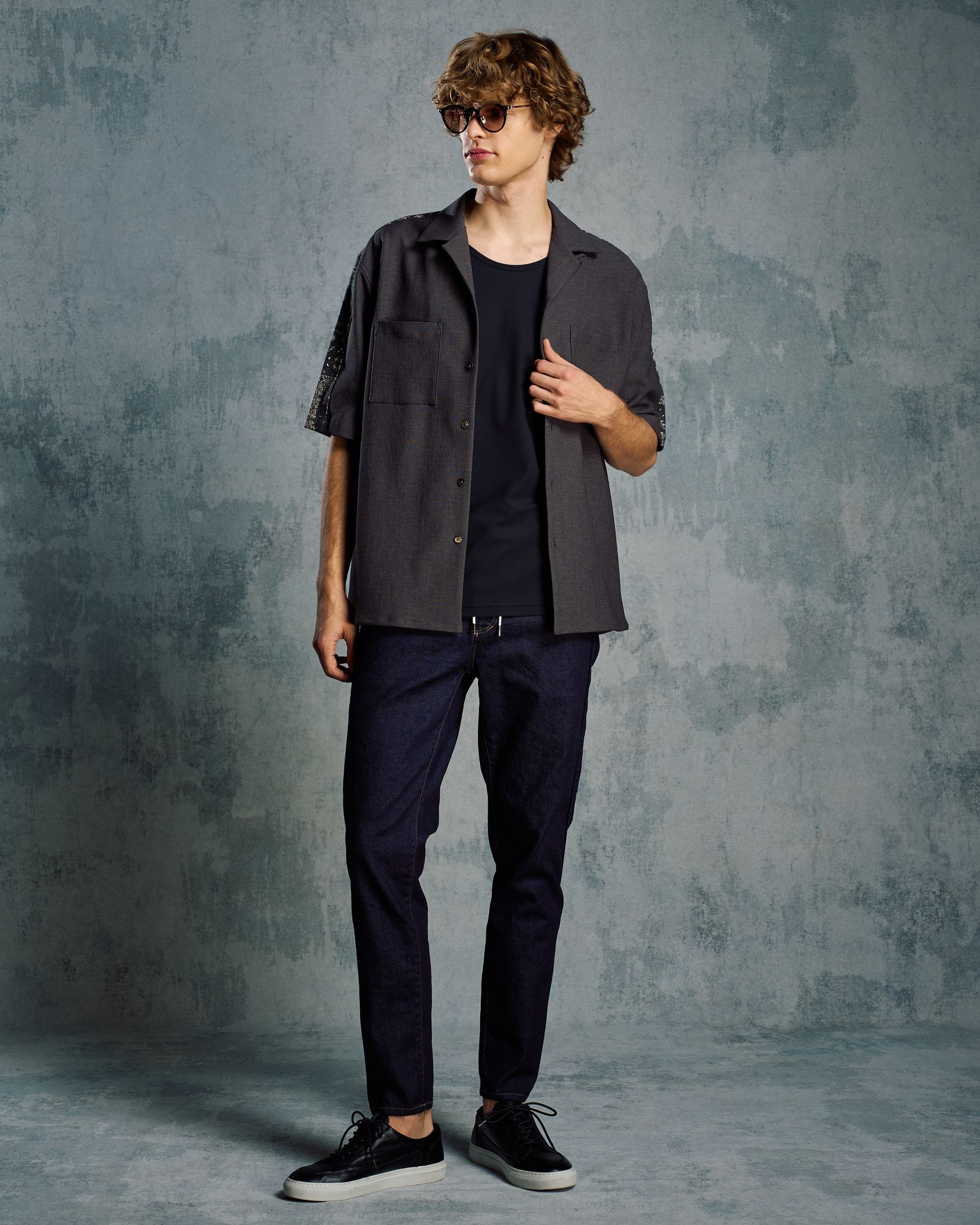 ☆先行予約☆ バンダナプリントパネルオープンカラーシャツ /  bandana print panel open shirt / CHARCOAL[4401 pe48i]