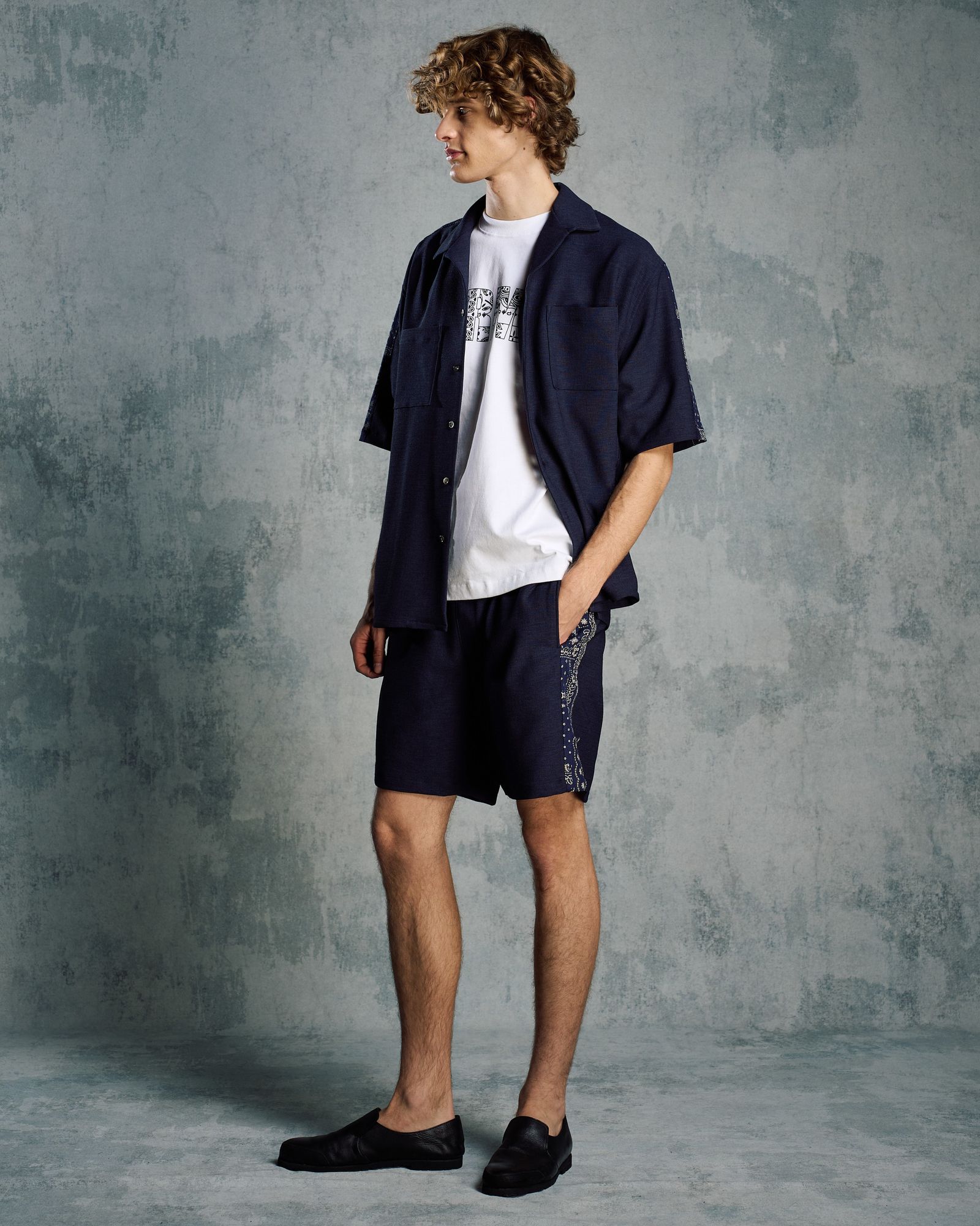 ☆先行予約☆ バンダナプリントパネルオープンカラーシャツ /  bandana print panel open shirt / NAVY [4401 pe48i]