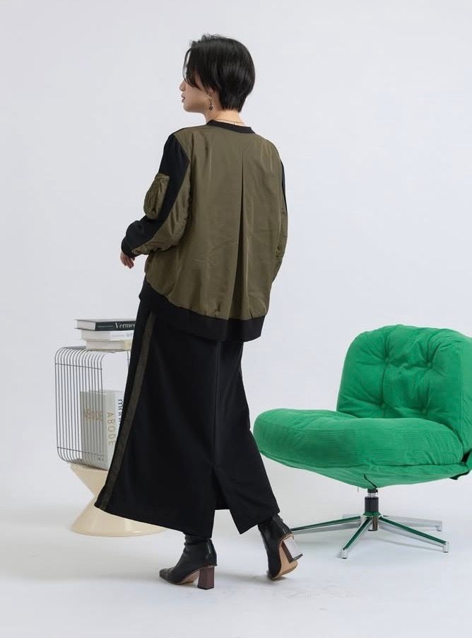 裏毛ミリタリーデザイン切替 L/S ワンピース /  ブラック x カーキ [bc609305]