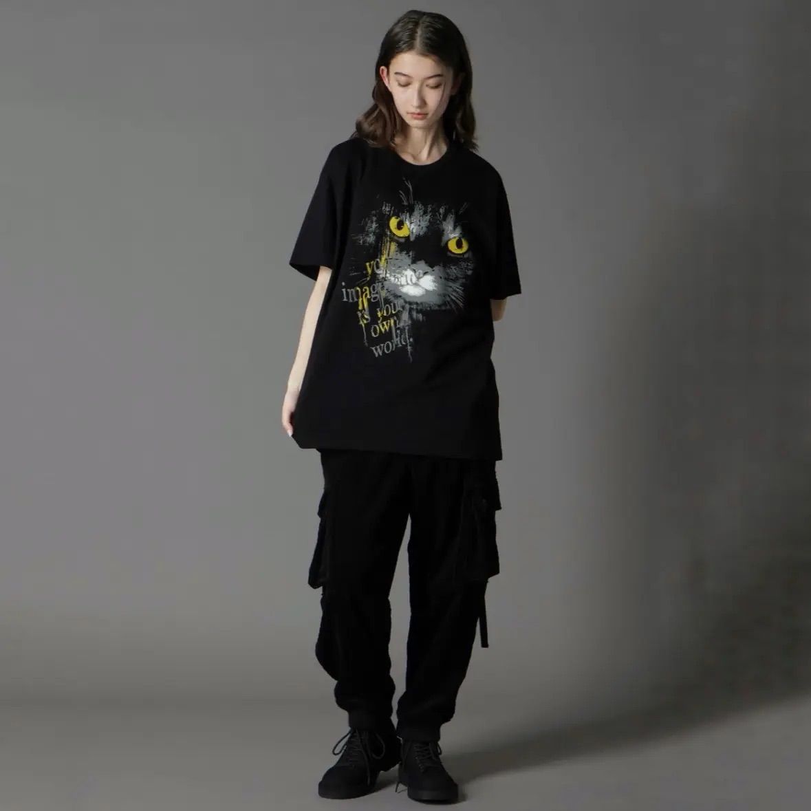 20/COTTON JERSEY CAT GRAPHIC T-SHIRT / BLACK [GL-T72-070-2-03]