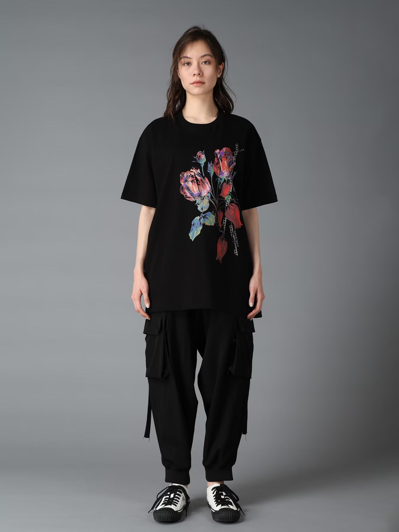 JERSEY ROSE AND TULIP T-SHIRT / BLACK  [GW-T80-070-2]