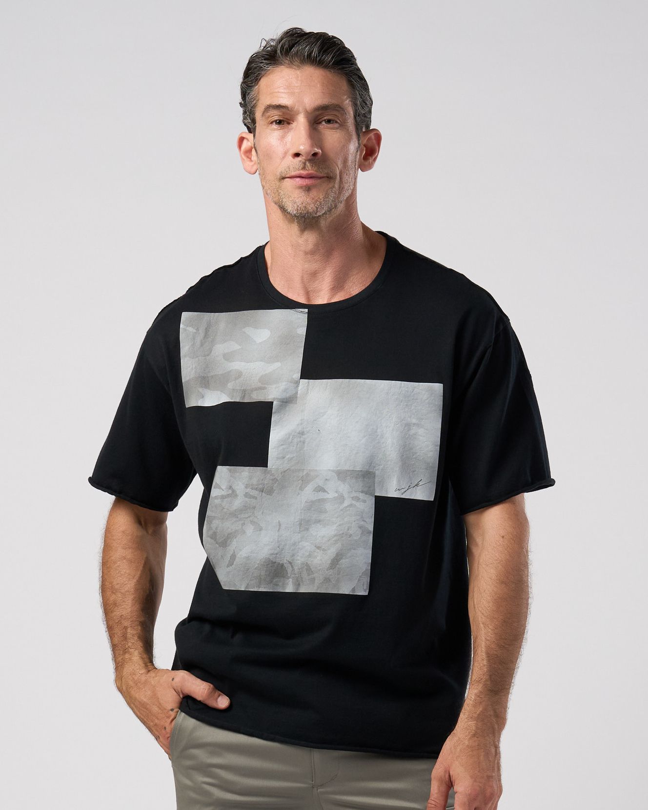 ☆先行予約☆ wjk  / ペーパープリント加工カットオフ半袖Tシャツ / paper print dust cut-off S/S / black【7153 lj93k】