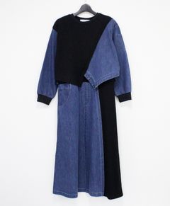 ソフトデニム x ポンチ切替 L/S ワンピース /  ブルー x ブラック  [bc609304]