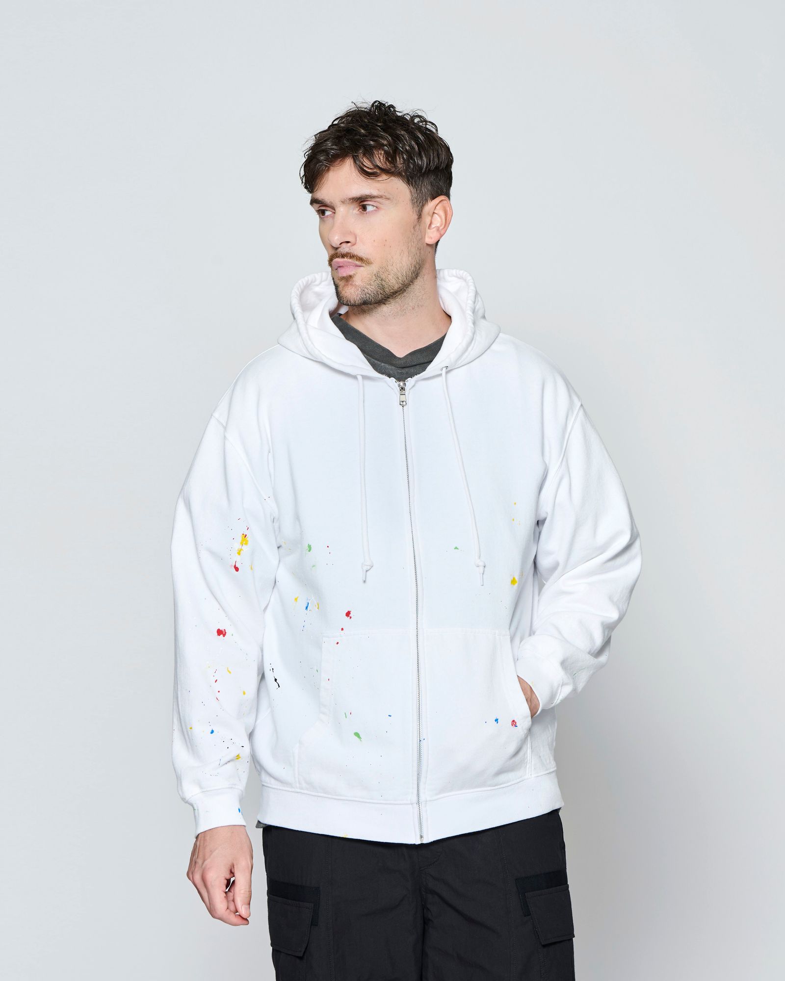 ☆先行予約☆ ヴィンテージ スプラッシュ ジップアップ パーカー  /  Vintage Wash Splash Zip-up Hooded Sweatshirt / WHITE 【HJ2701】