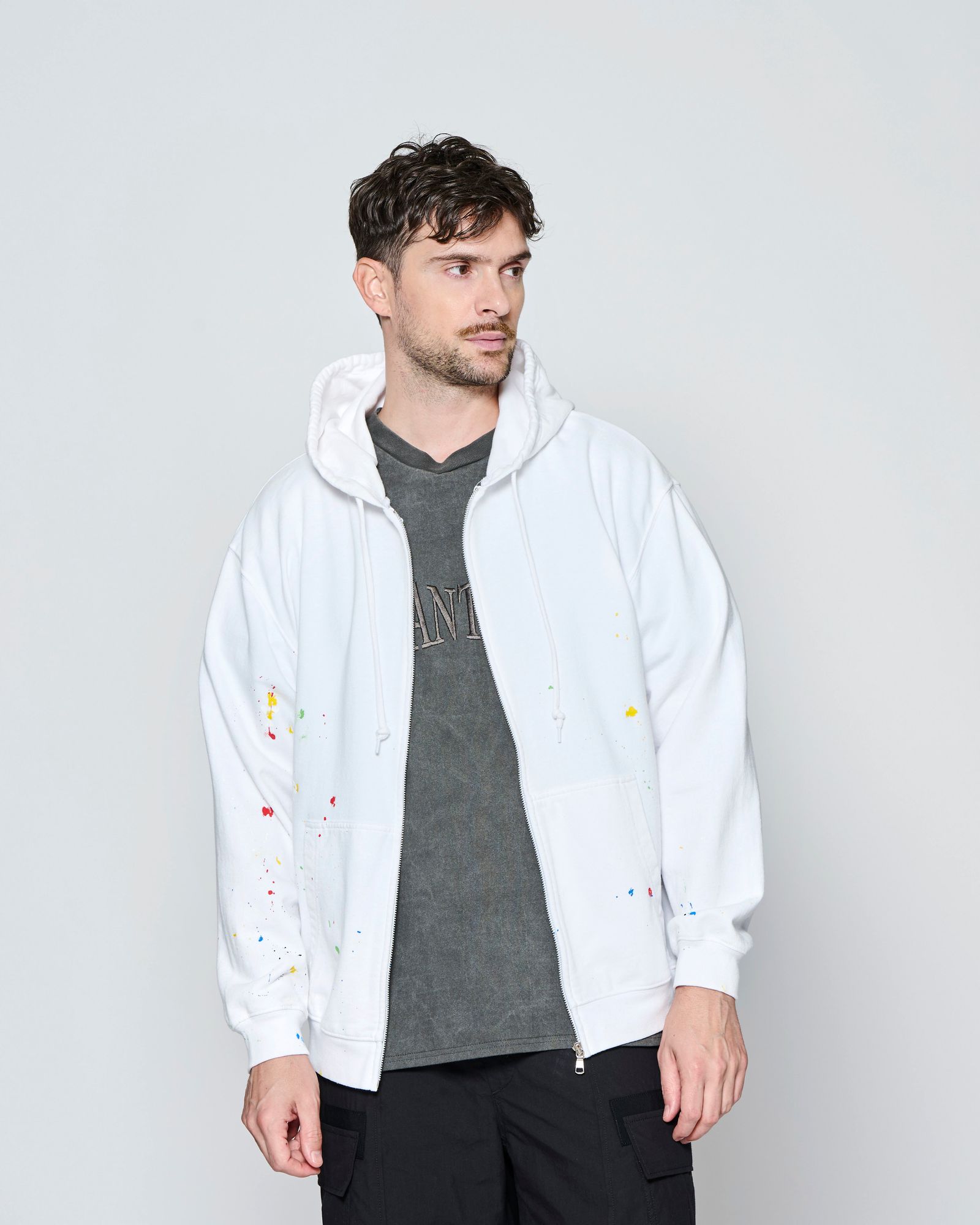 ☆先行予約☆ ヴィンテージ スプラッシュ ジップアップ パーカー  /  Vintage Wash Splash Zip-up Hooded Sweatshirt / WHITE 【HJ2701】
