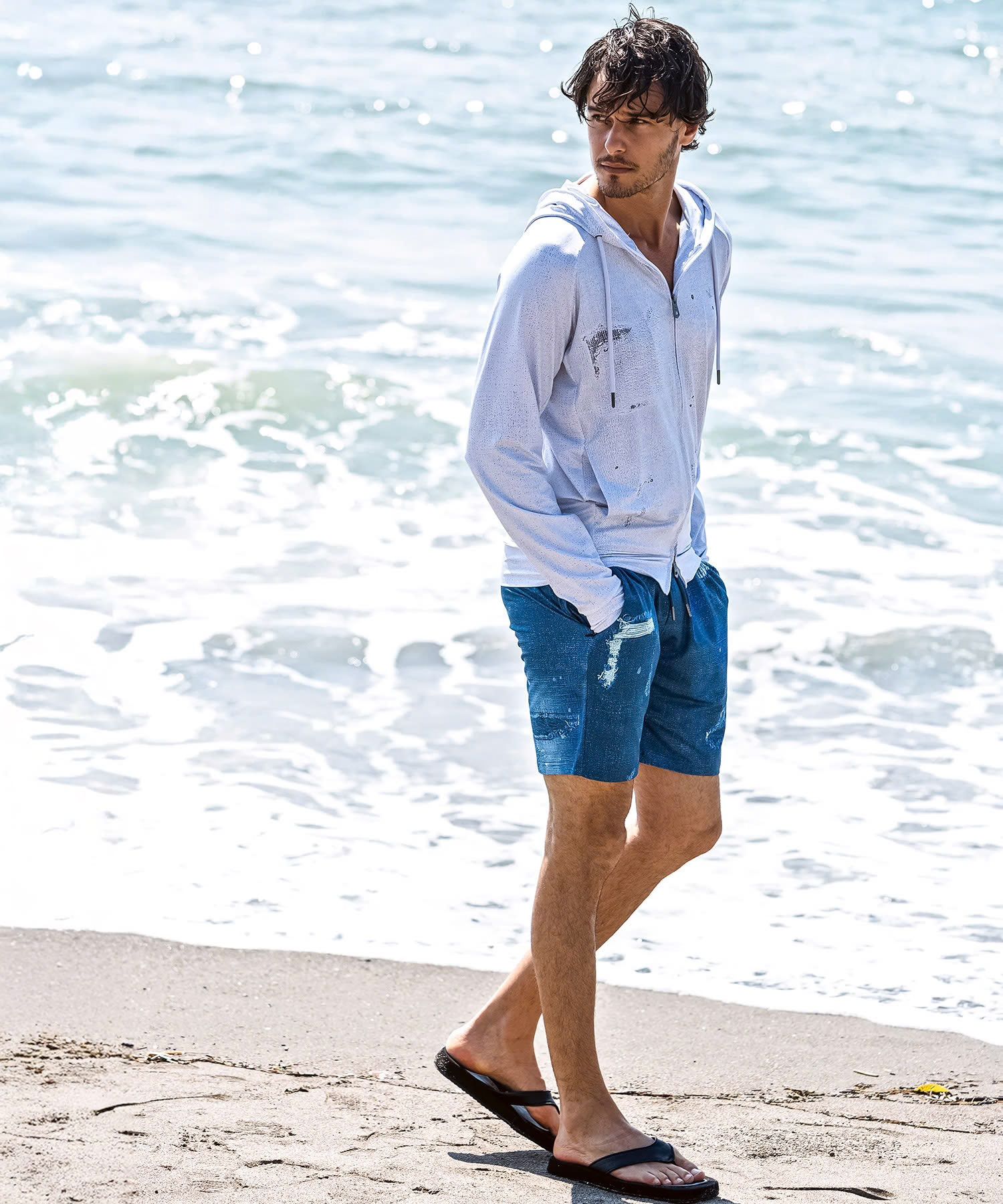 ダメージデニムラッシュガードショーツ / インディゴ【USB-26043】