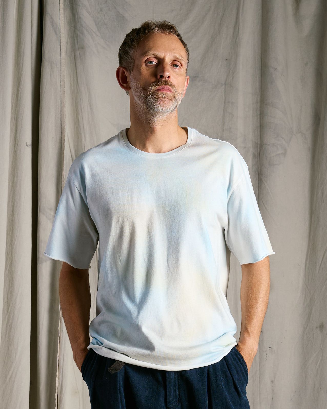 ☆先行予約☆ wjk  / マルチピグメントダイカットオフ半袖Tシャツ / multi pigment dye cut-off S/S / dirty l.blue 【7155 lj93k】